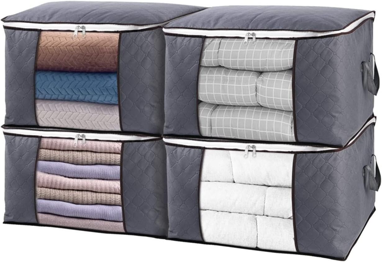 Large Capacity Storage Bags, Clothes Closet Organizer Containers with Clear Window, Folding Under-Bed Storage Bins for Clothing Blanket Pillows, 4 Pieces, Grey
