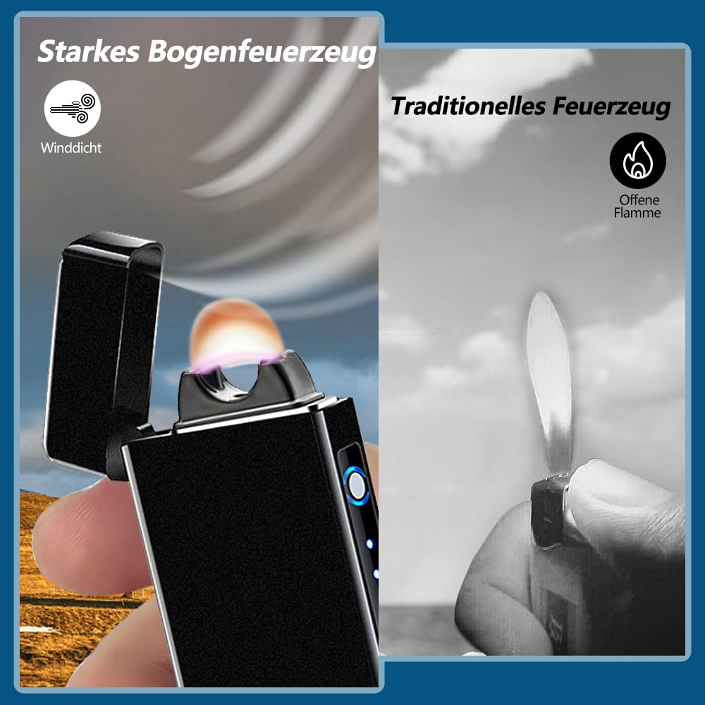 SKRFIRE Briquet tempête à arc plasma rechargeable par USB avec affichage LED de la batterie, arrêt automatique pour camping, barbecue, bougie en plein air (noir mat prestige)