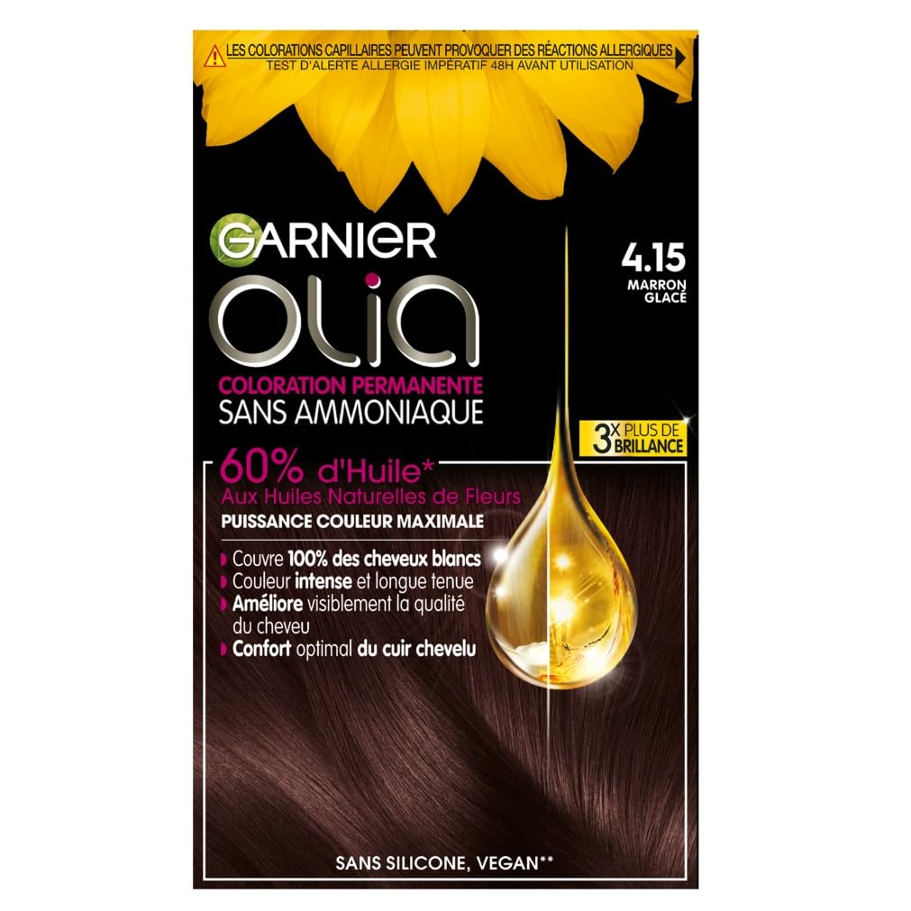 Garnier Coloration Permanente - Sans Ammoniaque - Aux Huiles Naturelles de Fleurs - Marron Glacé (4.15) - Olia