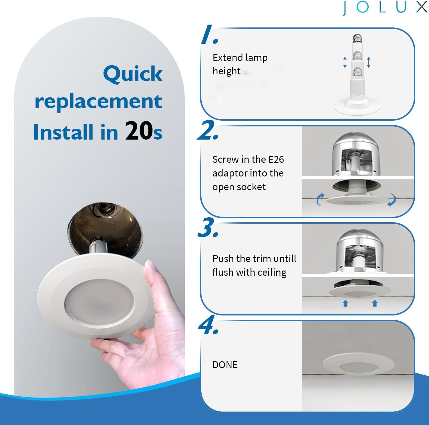 Jolux 4 Inch Adjustable LED Can Light Retrofit, 8.5W=40W 5000K 500LM, Dimmable ETL Damp Rated, Easy Flush Mount Install, Bevel Trim E26 Base, Recessed Lighting for Home Kitchen Bathroom, 4-Pack