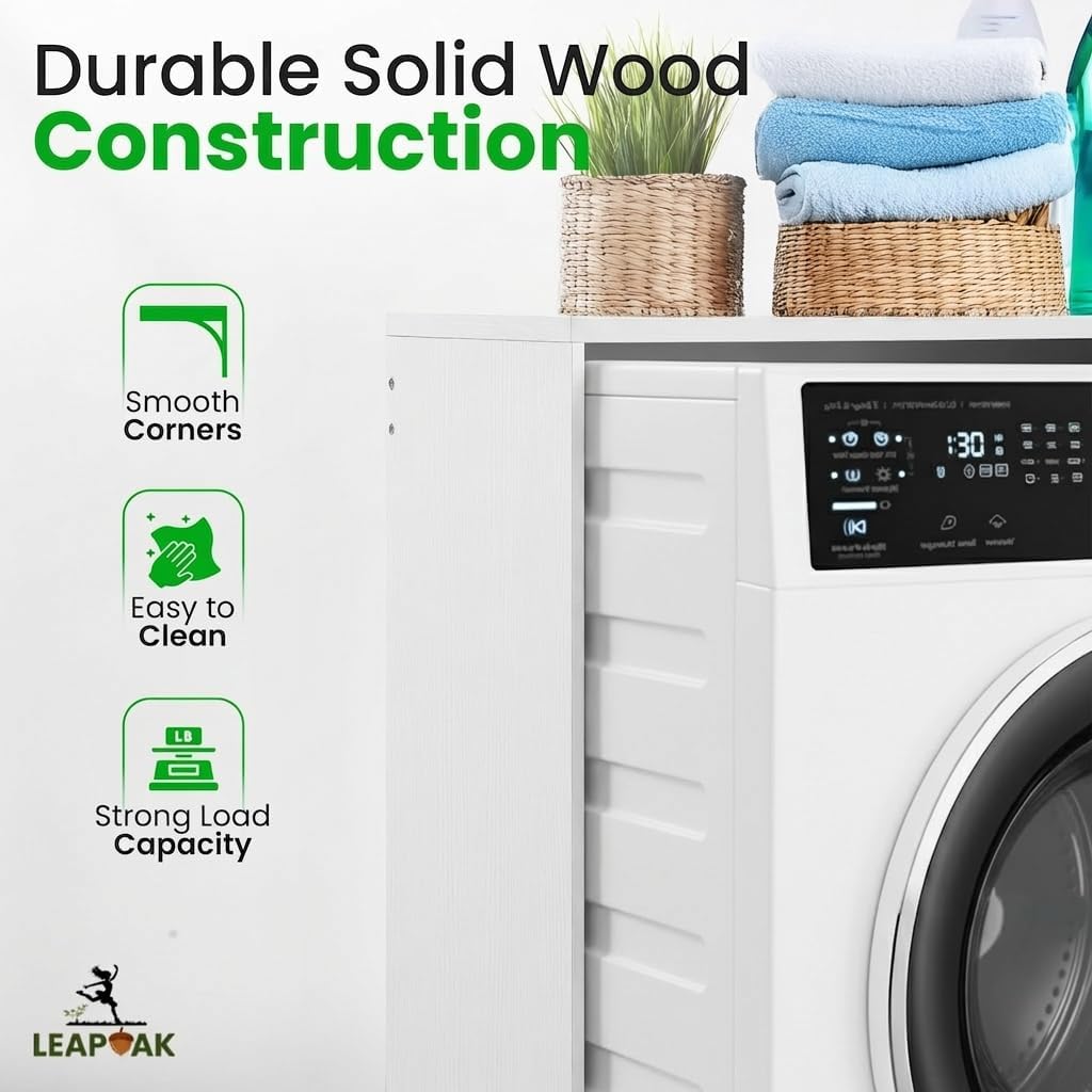 Over the Washer and Dryer Storage Shelf – Engineered Wood Laundry Room Organizer with Side Panels, Wall-Mounted Washer Dryer Utility Shelf Top Surface for Folding and Laundry Supplies (White)