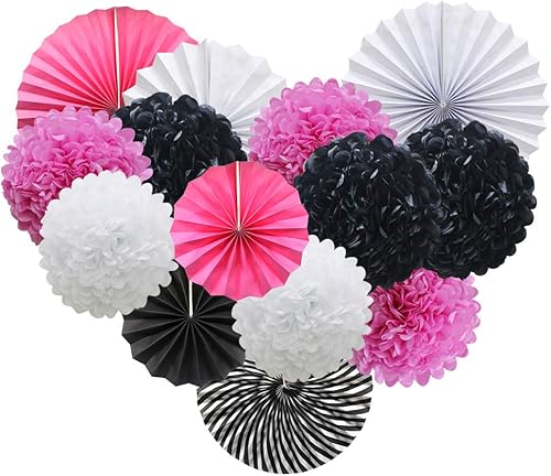 Decoración de fiesta de papel para colgar, color rosa, blanco y negro, juego de abanicos de papel redondos, pompones de papel para temática de