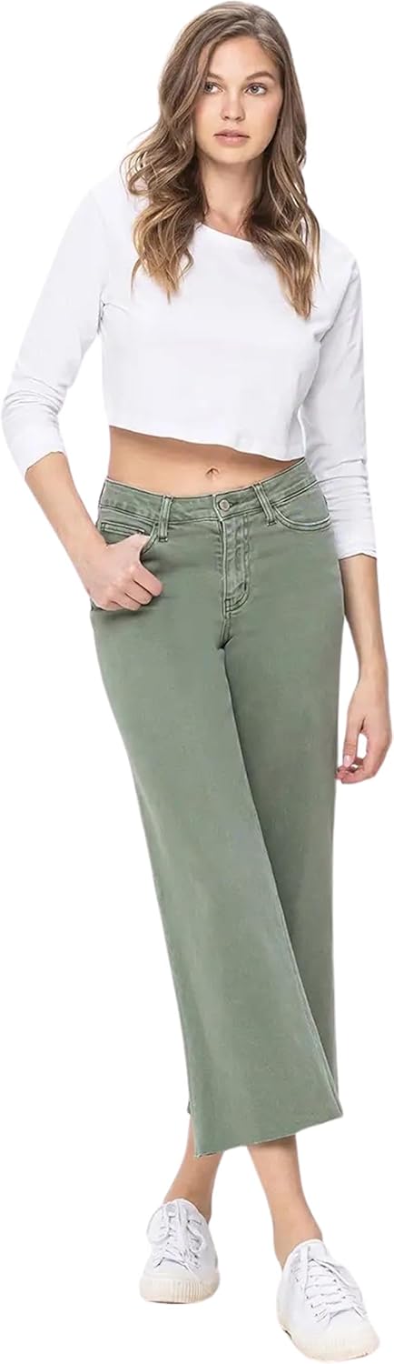 VERVET Women's Olivia High Rise Cropped Wide Leg Jeans with Raw Hem