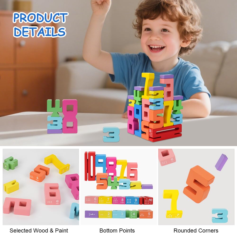 Ainiv Number Blocks Toys for Kids, 1-10 Wooden Number Building Block, Montessori-Inspired Digital Puzzle Counting Blocks, Early Education Math Games for Preschoolers(20 Building Blocks, 15 Cards) - Image 3