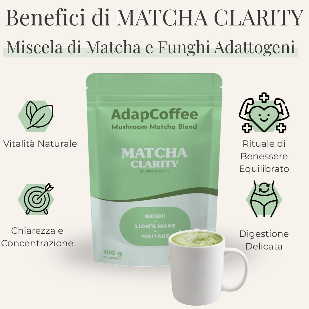 Matcha Clarity – Tè Matcha Cerimoniale con Funghi Adattogeni – Lion’s Mane, Reishi & Maitake – Energia Naturale & Concentrazione – Vegano, Senza Zuccheri Aggiunti – 25 Tazze (100 g)