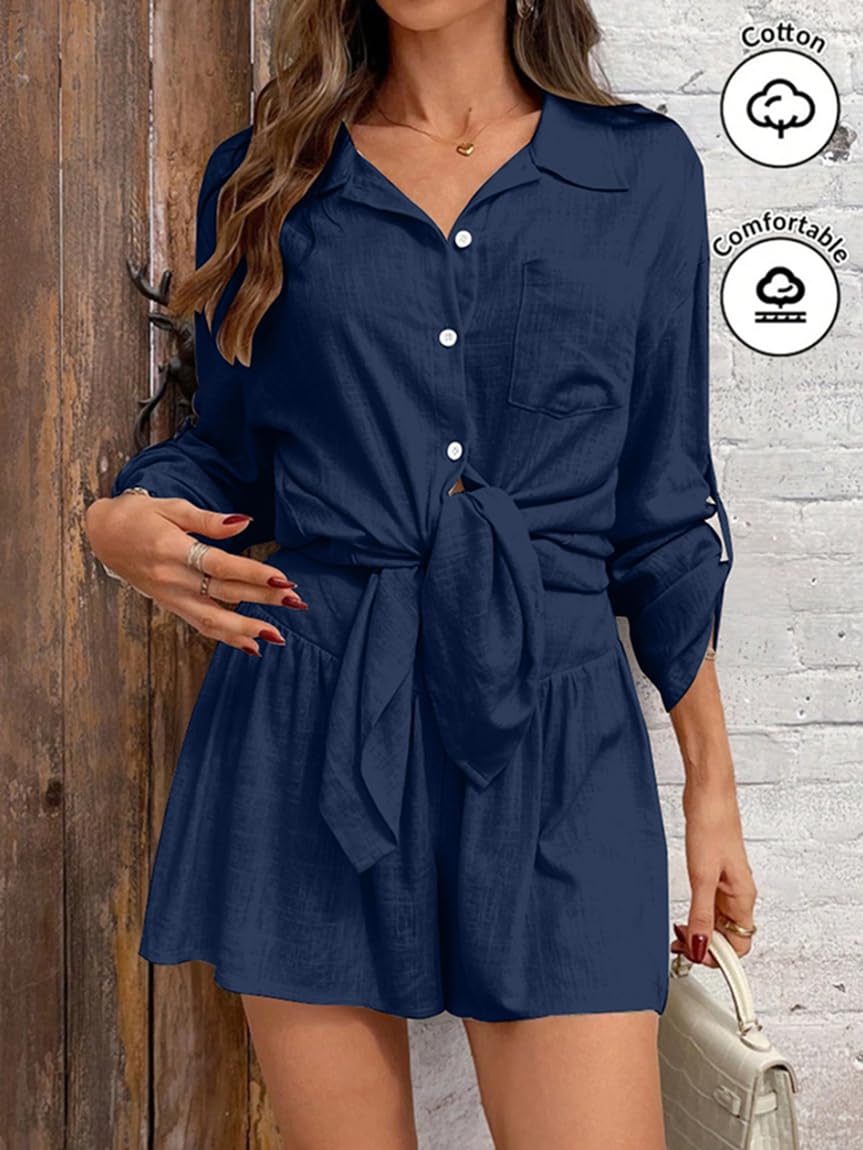 Générique Ensemble Femme Été 2 Pièces Chemise Manches Longues et Short en Coton Lin Tenue Chic Décontractée Loungewear Vacances Plage