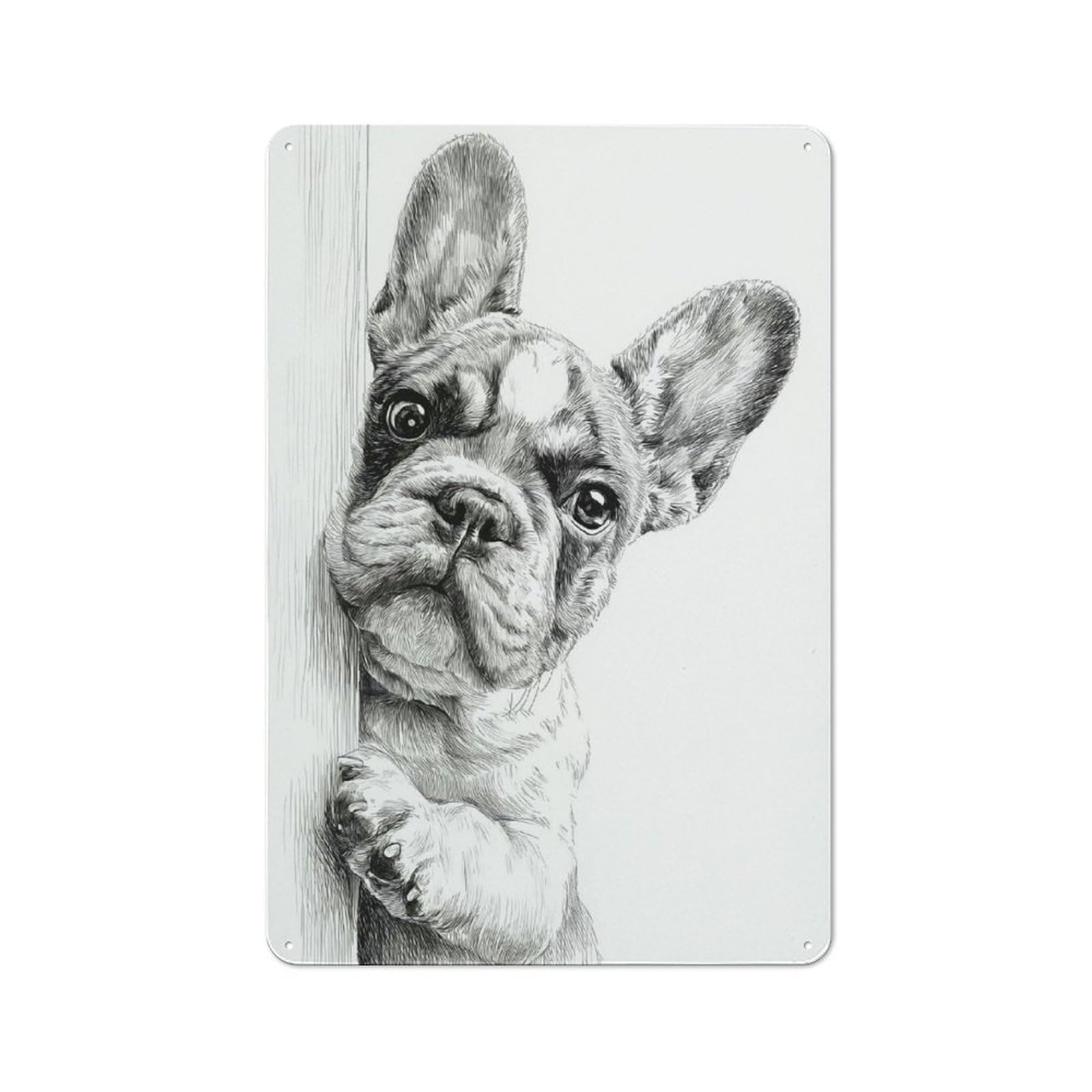 Junmoney Style-17 Industrial Metal Sign With Curious French Bulldog Sketch Design 30X20cm, Clean Industrial Urban Room Decor For Flat, Bar, Studio Or Gallery Wall