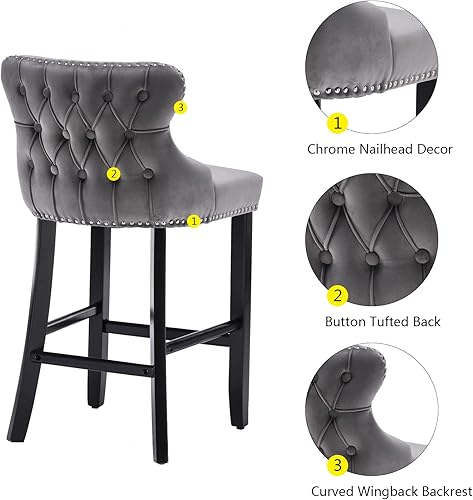 Miniatura 6 de mikibama Juego de 2 taburetes de bar de terciopelo con respaldo de ala, tapizados con botones y patas de madera maciza, taburetes de bar acolchados