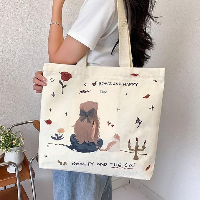 K2P Women Reusable Shopping/Grocery Classic Tote Bag With Pocket Shoulder Canvas Handbag Travel Bag Multi-Purpose 1