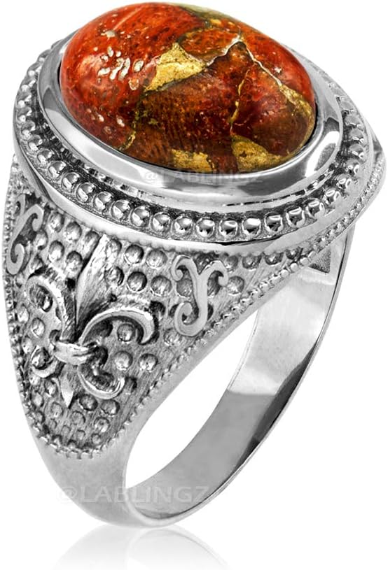 LA BLINGZ Sterling Silver Fleur de Lis Orange Copper Turquoise Ring
