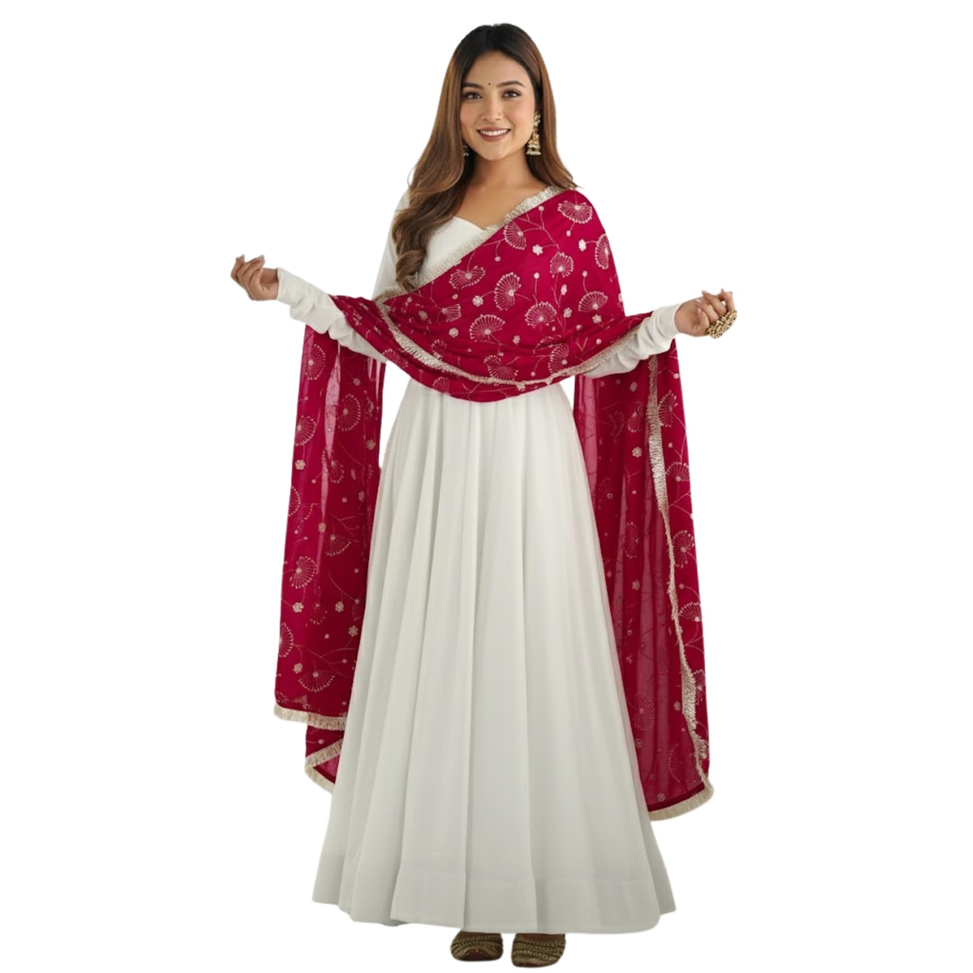 Solid Georgette Anarkali Gown for Women | White Safari Long Stitched Gown with Pink Embroidered Dupatta | V-Neck Full Sleeve Anarkali Dress | GW-DF-1-Safari-image-42