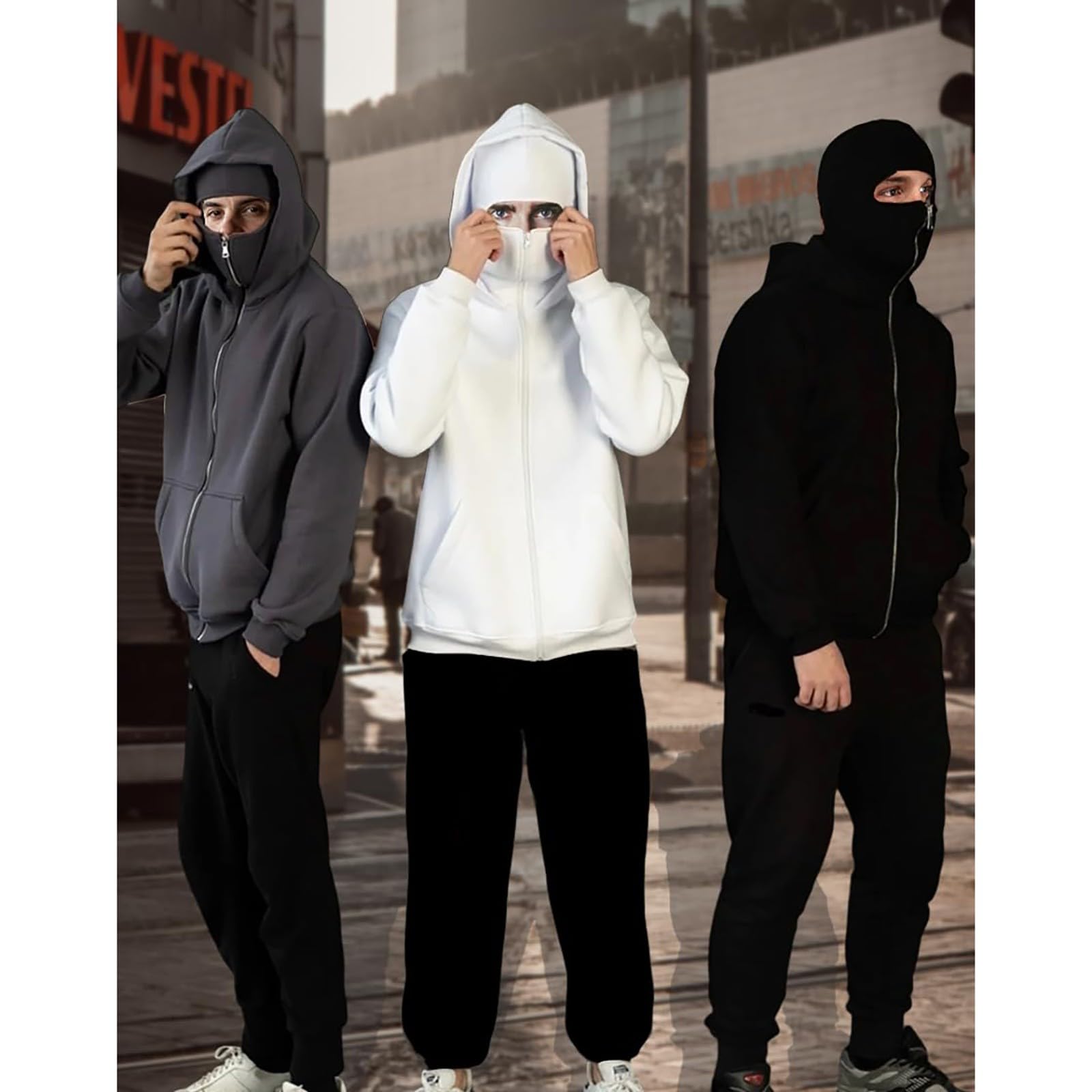 Tuta da Uomo Con Caldo Maschera Felpa Con Cappuccio Con Cerniera E Pantaloni, grigio, TG | Tuta Uomo Set Baggy Inverno Felpe Con Cappuccio Y2K Zip E Pantaloni Di Protezione Antivento Moto Set Lavoro