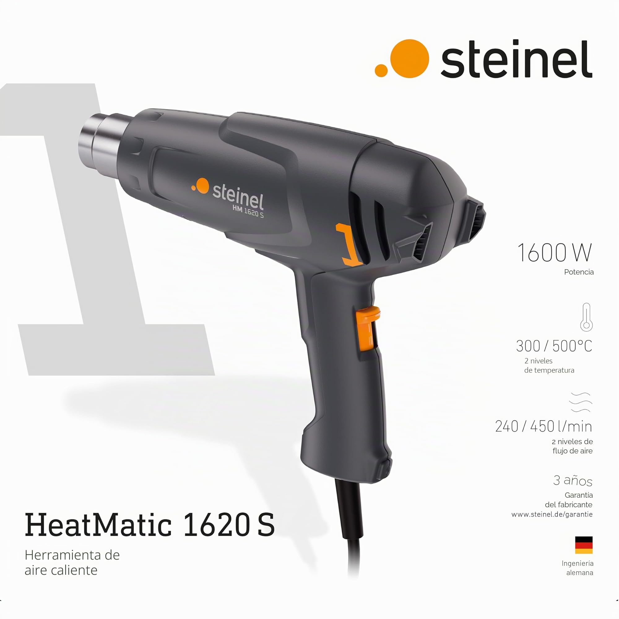 Steinel Pistola de aire caliente HM 1620 S, 1600 W, dos niveles de temperatura 300°/500°C, pistola de aire caliente para secar, retractilar, descongelar