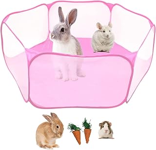 kathson Small Animals Cage Tent, Breathable&Transparent Pets Playpen Folding Exercise Pop Open Outdoor/Indoor Portable Fence with Carrots for Guinea Pig Hamster Rabbit Rat Gerbils(Pink)