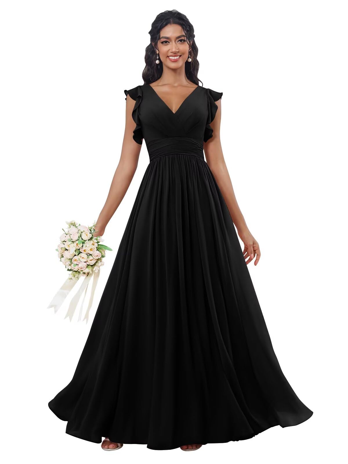 Maxianever Bridesmaid Dresses Chiffon Ruffled Sleeve Long A Line V Neck Formal Dress for Women