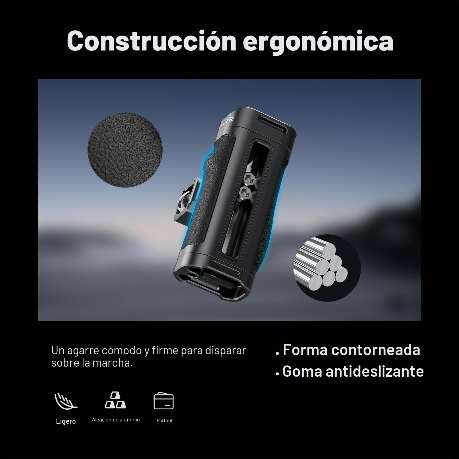NEEWER Empuñadura Lateral para Jaula de Cámara, Empuñadura Lateral Ligera de ABS + PC con Silicona, Tornillos de 3/8" y 1/4", Pin de Localización, Brazo Ajustable Verticalmente, Zapata Fría, CA069H