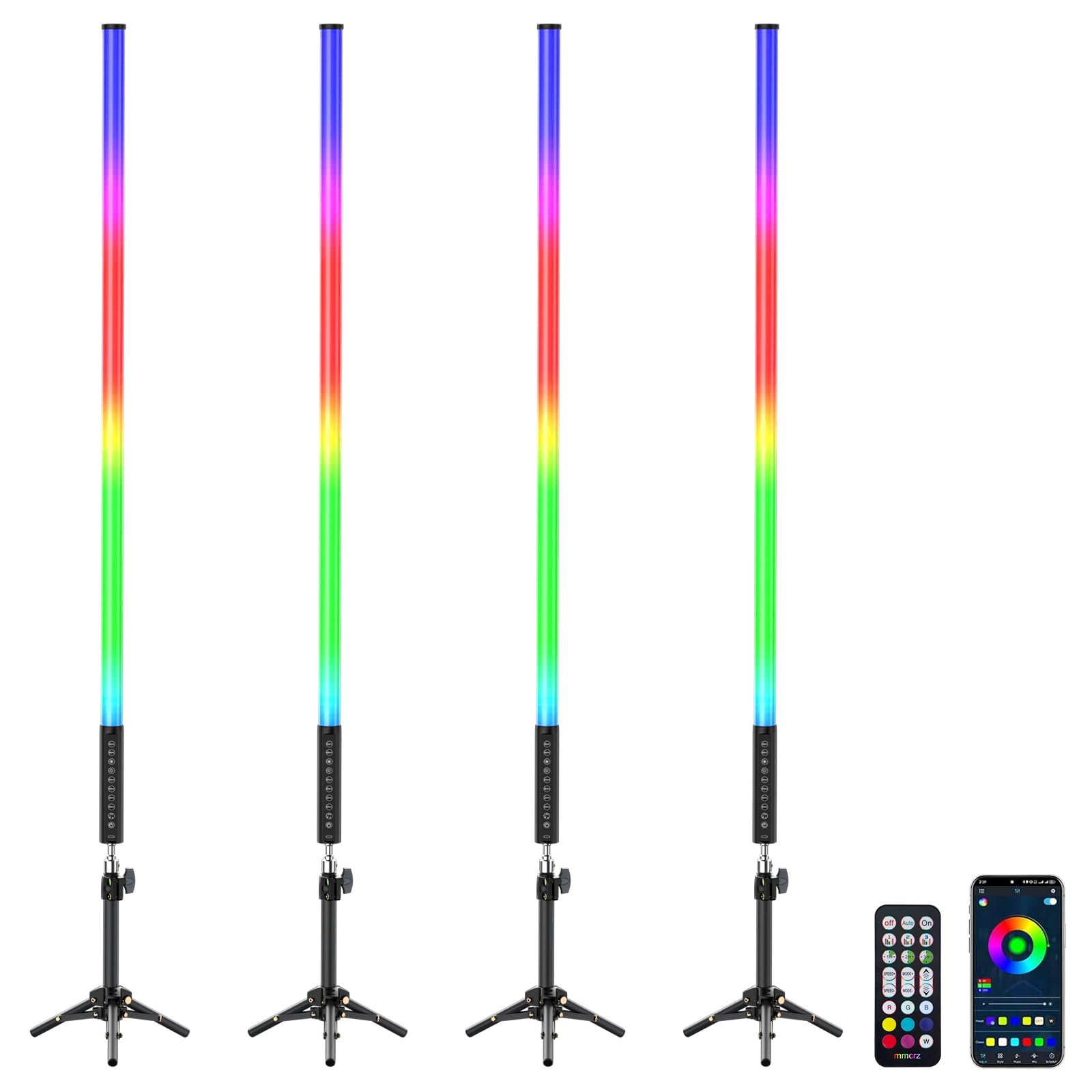 Set di 4 Barre LED RGB con Treppiede, Tubo Luminoso Video da 120 cm, Sincronizzazione Musicale, Batteria Ricaricabile da 5200 mAh, Controllo tramite App e Telecomando, Luce RGB Dimmerabile per Fotogra