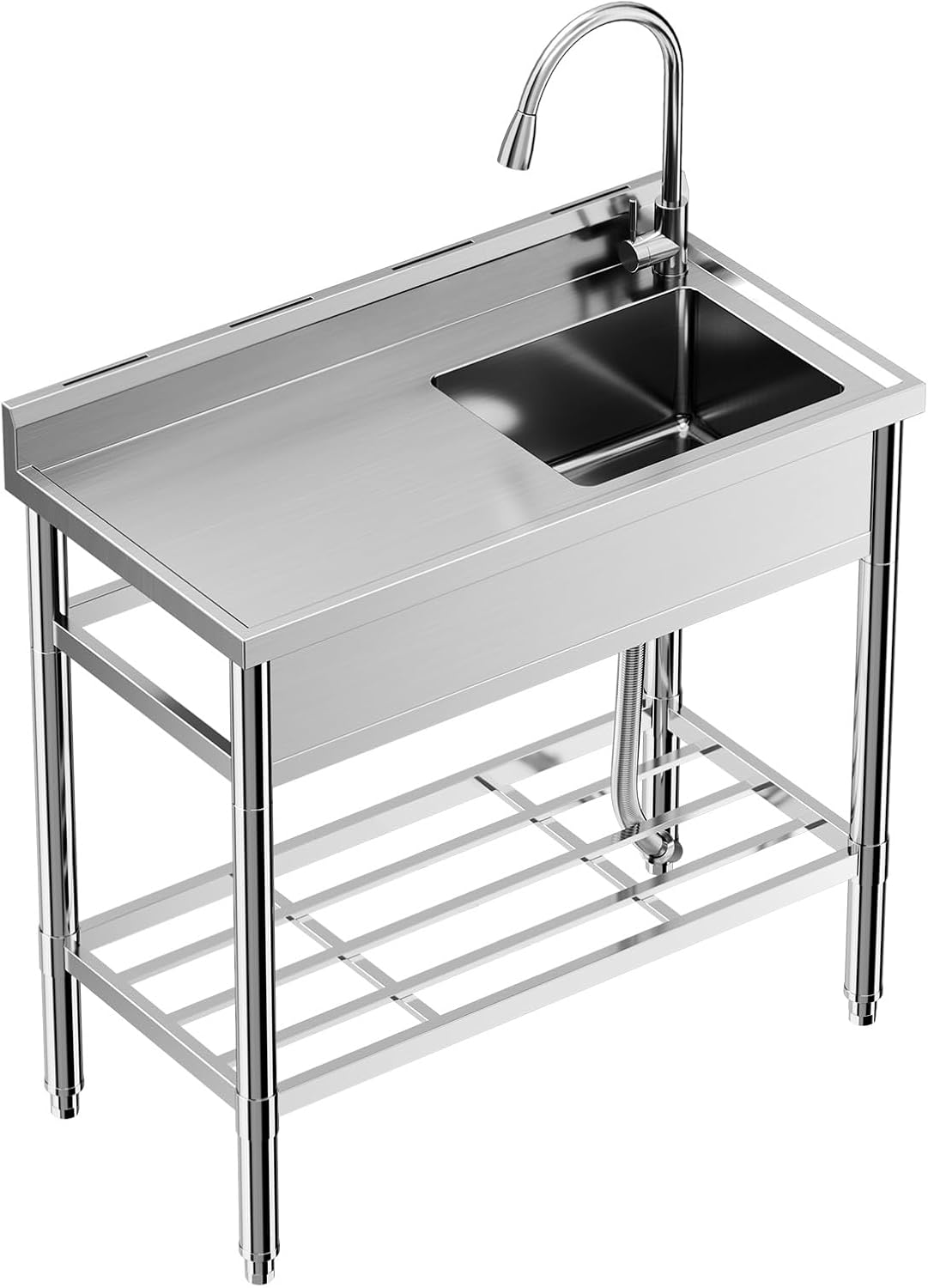 Freestanding Stainless Steel Utility Sink, Commercial One Compartment Kitchen Sink with Workbench & Storage Shelf, 47 x 20 x 37 In Outdoor Sink for Garage, Laundry, Bathroom