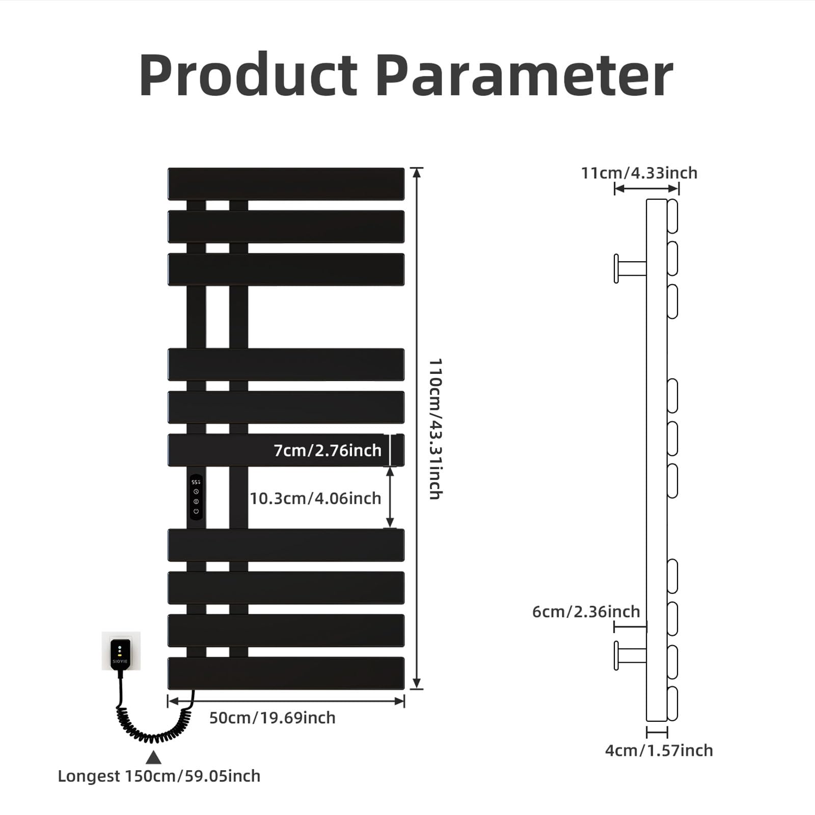 Radiador Toallero Eléctrico, 500x1100mm Toallero Baño Radiador, Secador de Toallas, Toallero Calentado, Secatoallas Electrico, Temperatura constante inteligente Calentador de Toallas Pared-Black Left