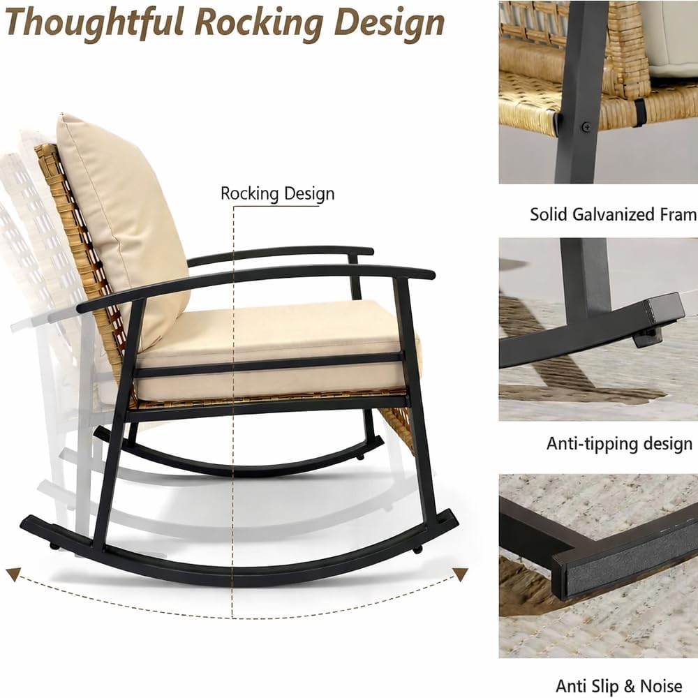 Outdoor Wicker Rocking Chair Set with Side Table and Plush Cushions, Rust-Resistant Metal Frame and Handwoven Rattan for Patio Garden Balcony Use