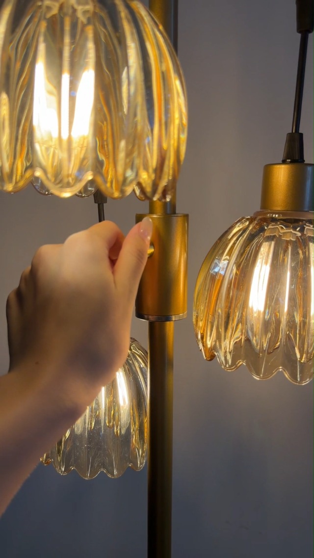 Image of Lightdot Glass Floor Lamp Amber Lotus Flower Shade Dimmable Gold Floor Lamp