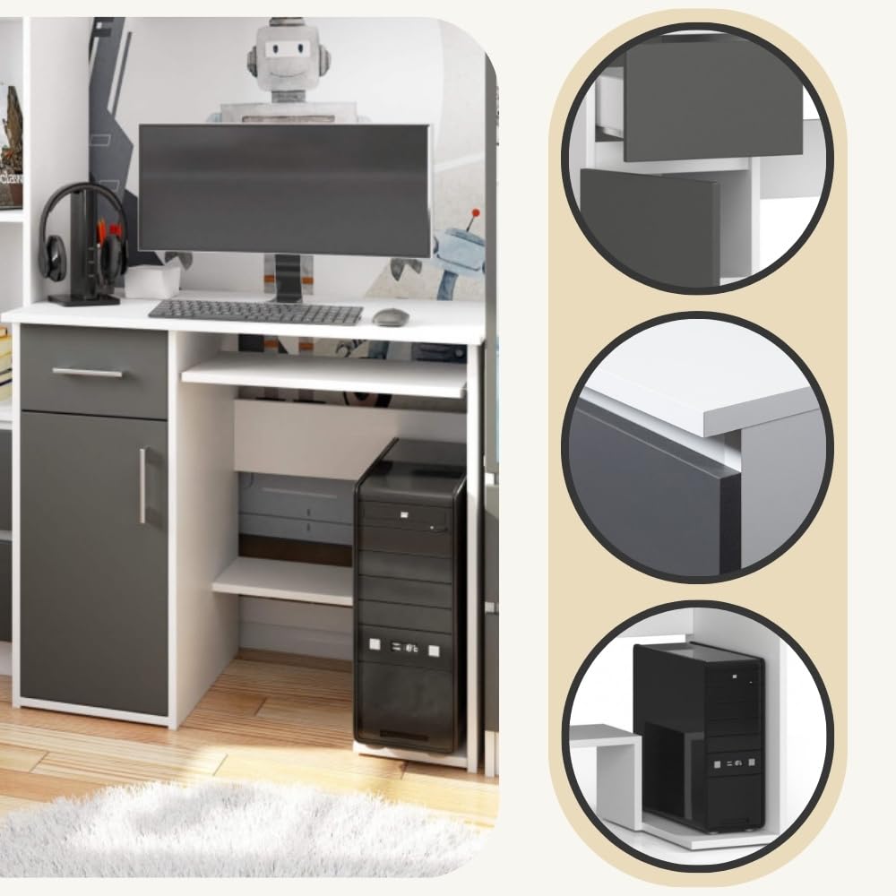 AKORD | Escritorio Jay para PC con Estante para Teclado | Mesa de Oficina y Ordenador | L90 x H74 x P50 cm 29 kg | Blanco y Gris Grafito