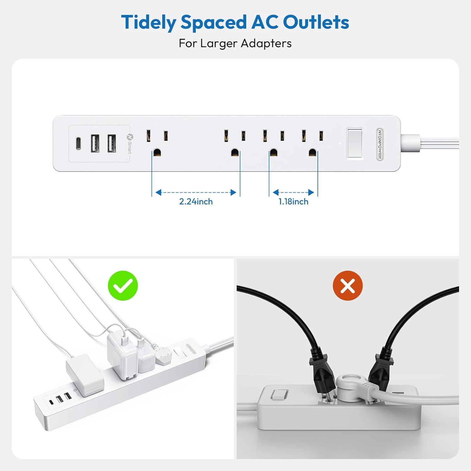 NTONPOWER Long Extension Cord 25 Ft, Flat Extension Cord Under Carpet, Power Strip Long Cord, Wall Mount Power Strip with 4 Outlets 2 USB A + USB C, Overload Protection for Indoor, Home, Dorm, Office