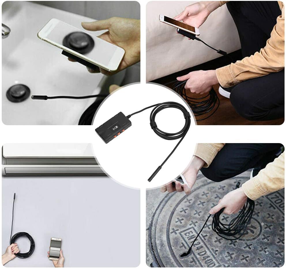 Collage of endoscope camera application scenarios including plumbing, automotive, and home inspection