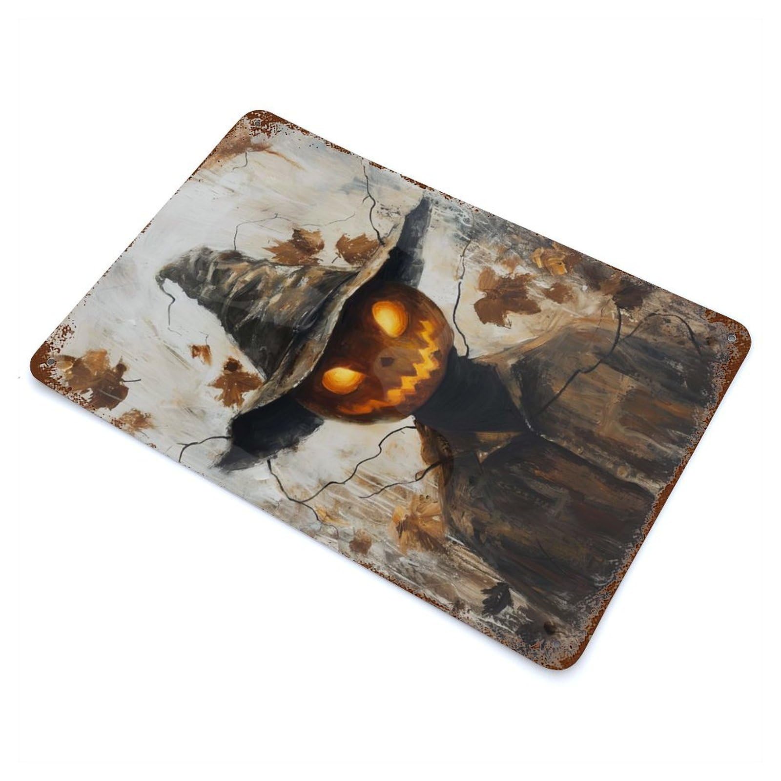 Pumpkin in Hat And Jacket 11.8"x7.9" Rustic Tin Plaque, Farmhouse Wall Decor for Basement, Hobby Room And Garage Decor