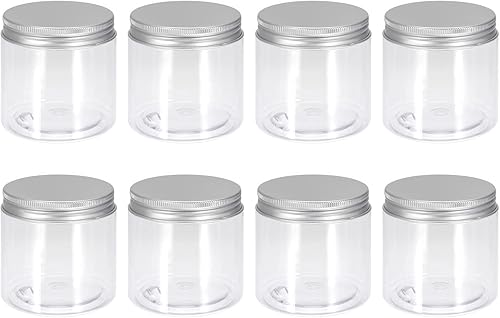 uxcell Tarros de plástico transparente con tapa de aluminio en tono plateado, 10 recipientes redondos recargables de almacenamiento de alimentos de