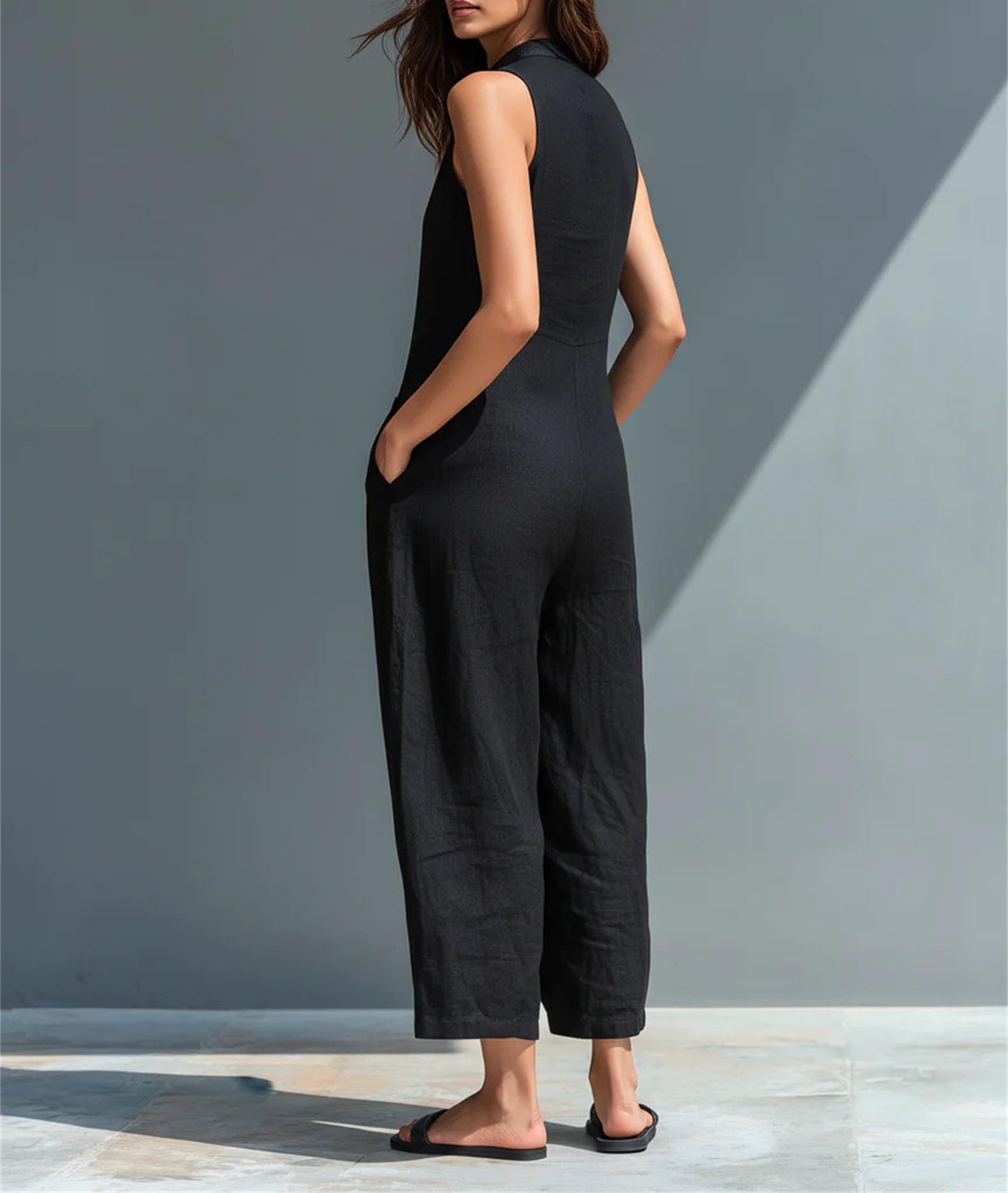 Damen-Jumpsuit aus Leinenmischgewebe mit Stehkragen, Knopfleiste, ärmellos, locker geschnitten, weites Bein und Taschen
