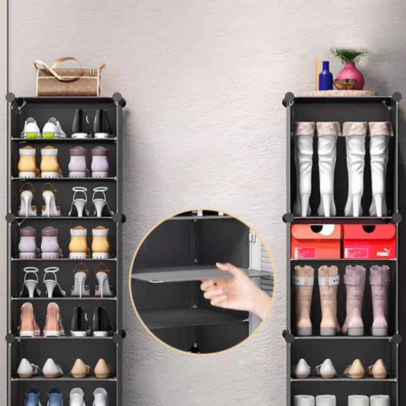Image of Mevigo 12-Shelf Portable Shoe Rack for Home Plastic Shelves Household, DIY Shoe Rack Box with Door, Foldable Shoe Storage Stand with Dustproof Entryway for Heels /Slippers /Boots- Black-HA2