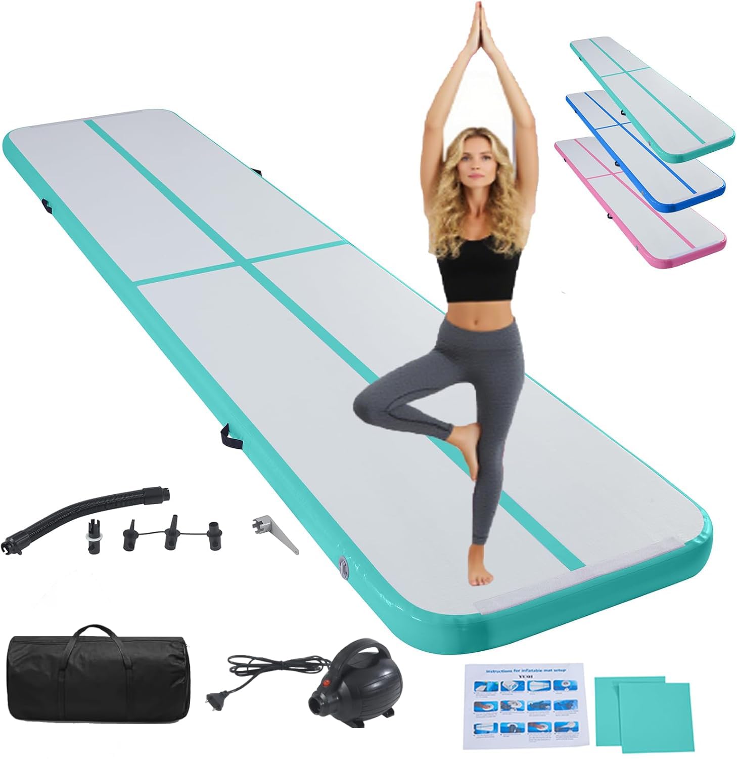 LSBIKE Inflatable Tumble Track Gymnastics Mat, 3m/4m/5m/6m Air Mat with Pump, Portable Air-Filled Tumbling mat for Home, Cheer, Yoga, Kids & Adults – Non-Slip & Waterproof (Green, 4m/13ft)