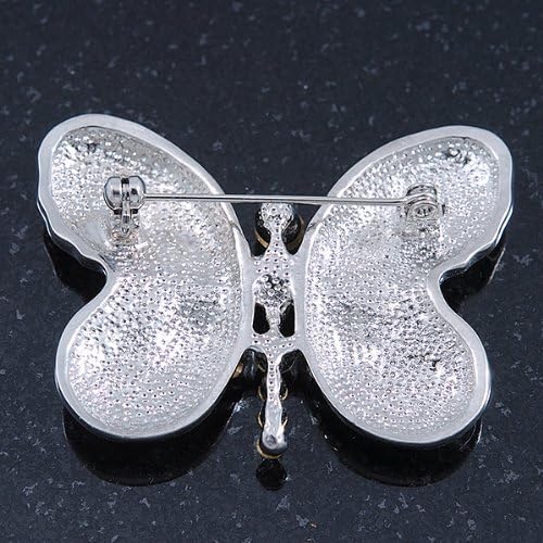 White Enamel Clear Crystal 'Butterfly' Brooch In Rhodium Plating - 47mm Width, silver, white / ivory - Image 5