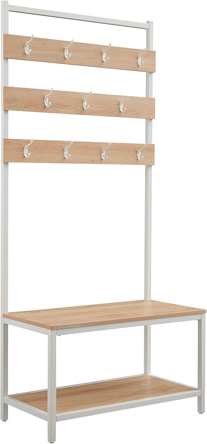 Linon Shaymus White Metal Hall Tree with Natural Wooden Topped Bench and Shelf with Multiple Hanging Hooks