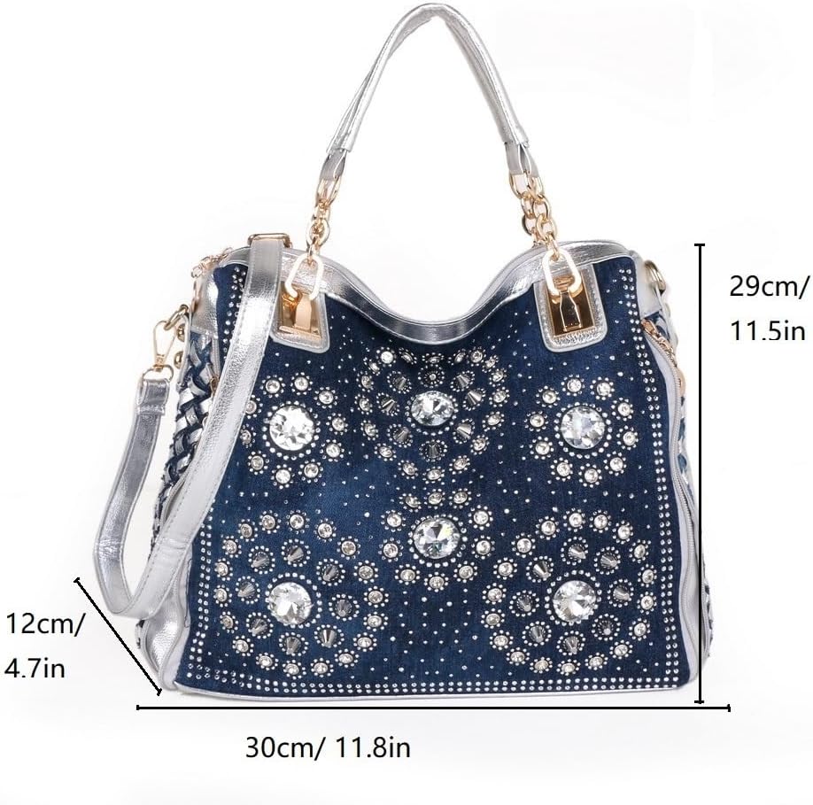 Denim Women Shoulder Bag Crystal Rhinestone Purse Handbag Jeans Crossbody Bag Ladies Tote Bag