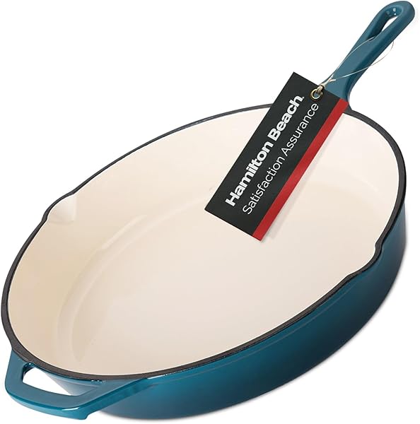 Hamilton Beach Enameled Cast Iron Fry Pan 12-Inch Navy, Cream Enamel Coating, Skillet Pan For Stove top and Oven, Even Heat Distribution, Durable