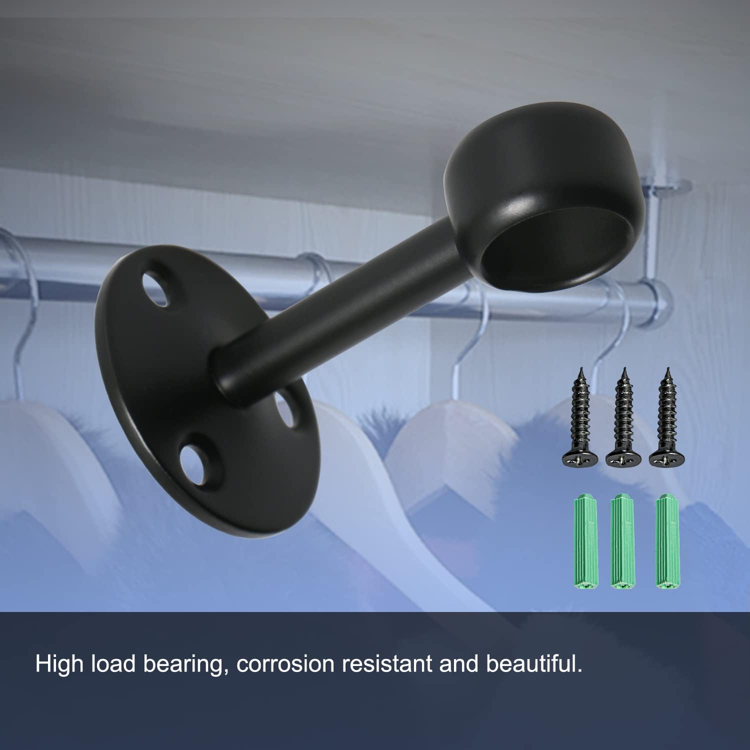 Closet Rod Brackets with Matte Black Finish 16mm / 0.63" Wardrobe Rod Brackets Curtain Rod End Supports Flange Rod Holder Brackets Stainless Steel, Closet Pole Socket Brackets 2 Pcs