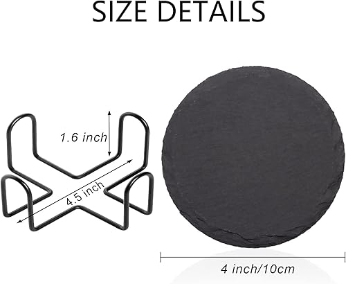 Miniatura 2 de Juego de 4 posavasos redondos de pizarra para bebidas, 4 pulgadas, grabado láser, posavasos de piedra de pizarra negra con parte inferior