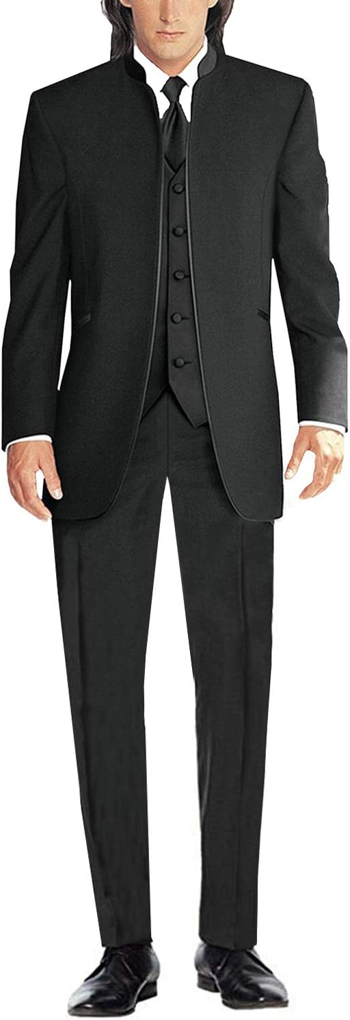 Kromoc Men's 3 Pieces Wedding Suits Pure Stand Collar Tuxedo Suits