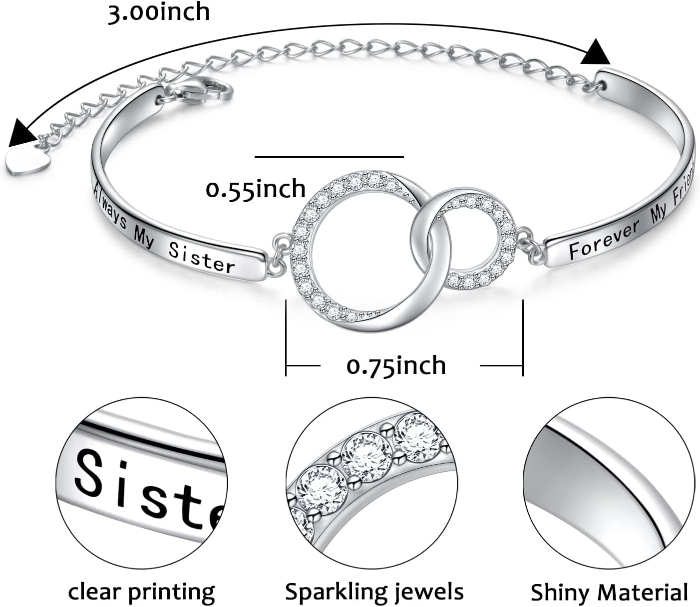 Sister Gift Infinity Bracelet for Mother Daughter Sister Wife 925 Sterling Silver 2 Interlocking Circles Bangle Bracelets with Love Message Adjustable Mother Daughter Bracelet Gifts
