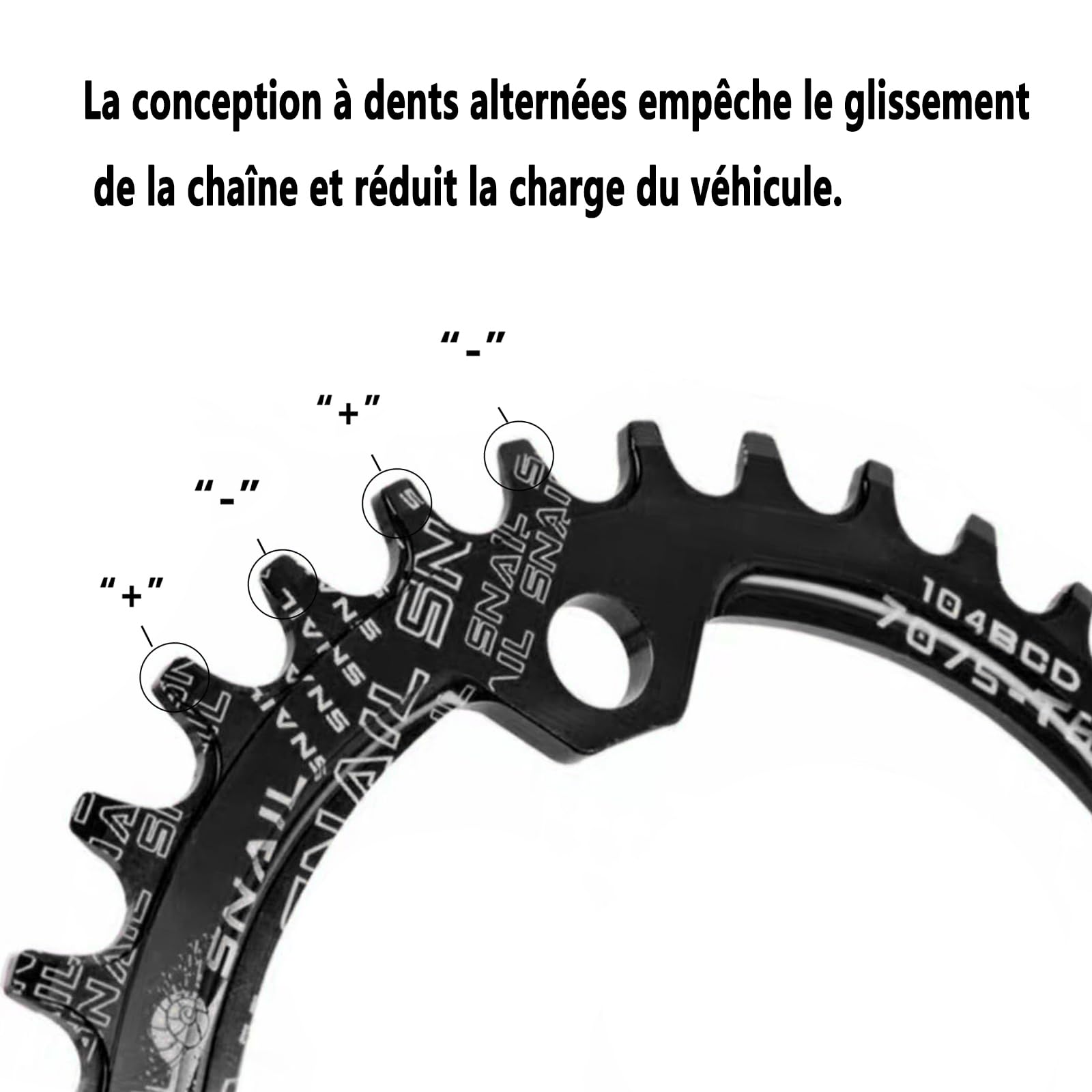 Plateau de vélo en Alliage d'aluminium 104 BCD 32T, 34T, 36T, 38T, Dents positives et négatives, Plateau de pédalier, avec 4 boulons de Fixation pour vélos de Route, VTT et BMX