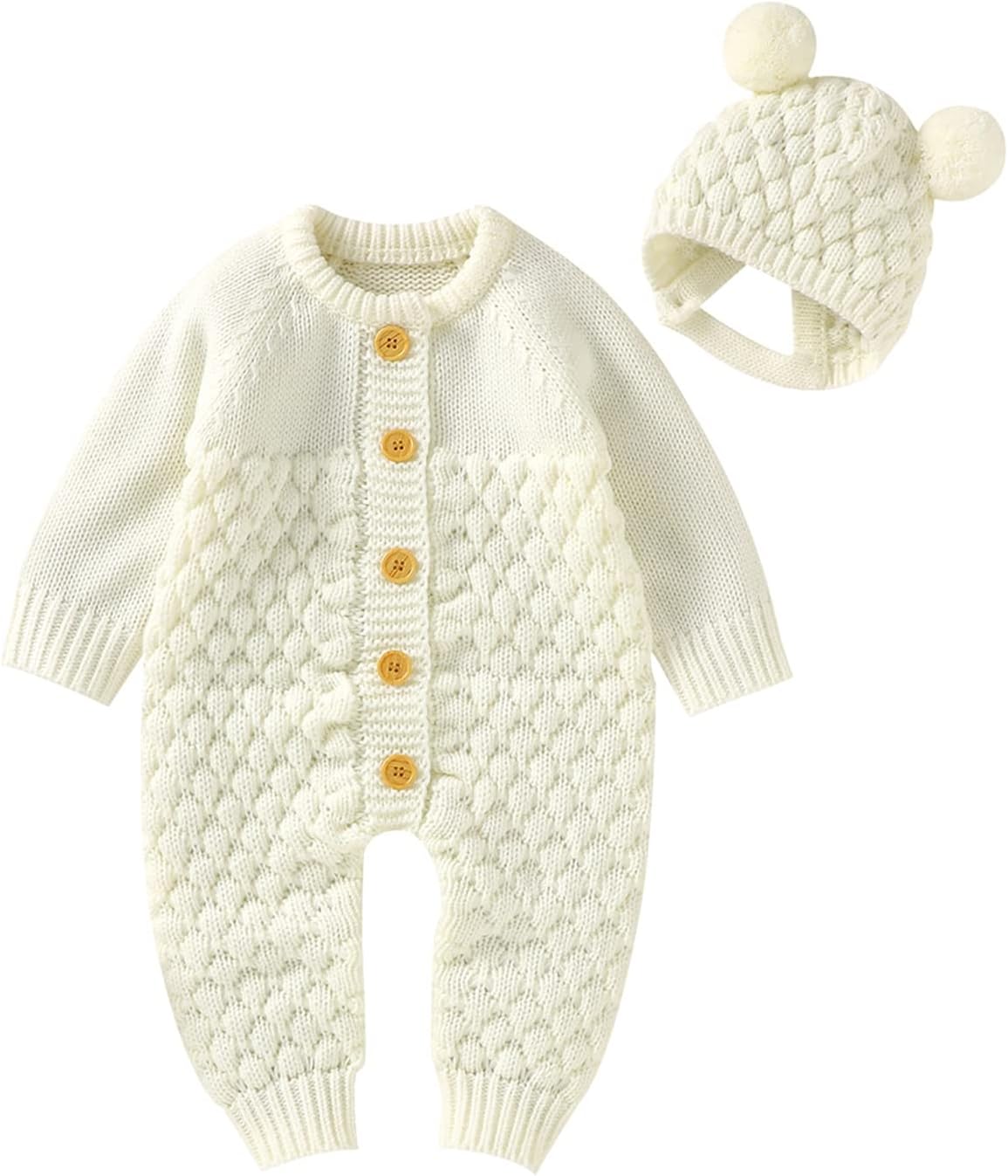 Newborn Baby Boy Girl Winter Clothes Knitted Sweater Romper Crewneck Solid Color Jumpsuit Hat Infant Fall Outfit