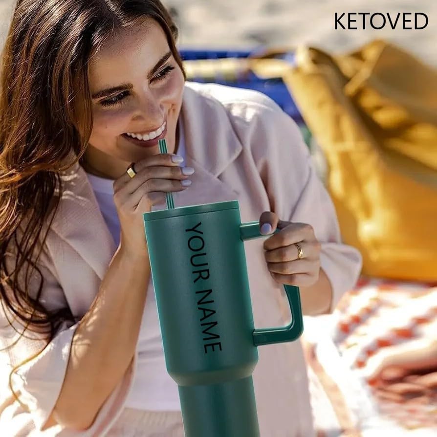 Image of Personalised with Your Name, 1200ml Tumbler with Straw-Handle-Stainless Steel Double Wall Insulated Cup | Leakproof Sipper Mug for Hot-Cold Drinks |Coffee - WaterTumbler (Green Custom)