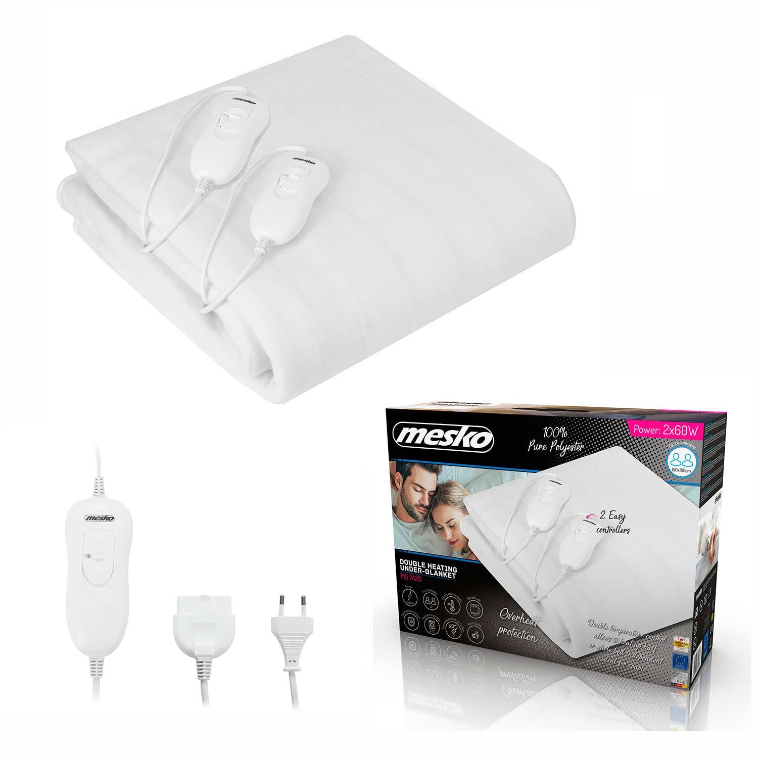 Mesko MS7420 Wärmeunterbett, 150 x 160 cm, Abschaltautomatik, Überhitzungsschutz, 3 Temperatursstufen, Bettwärmer fur Doppel Bett, Waschbar, Elektrisches Matratzenheizung, Weiß, 120W
