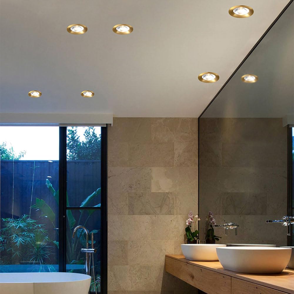 Retrofit Recessed Ceiling Lighting, 5W Brushed Brass LED Downlight, Round Anti-Glare Ceiling Panel Light, 3 Colors Dimmable Recessed Downlight for Bedroom Dining Room Living Room 3 Pack