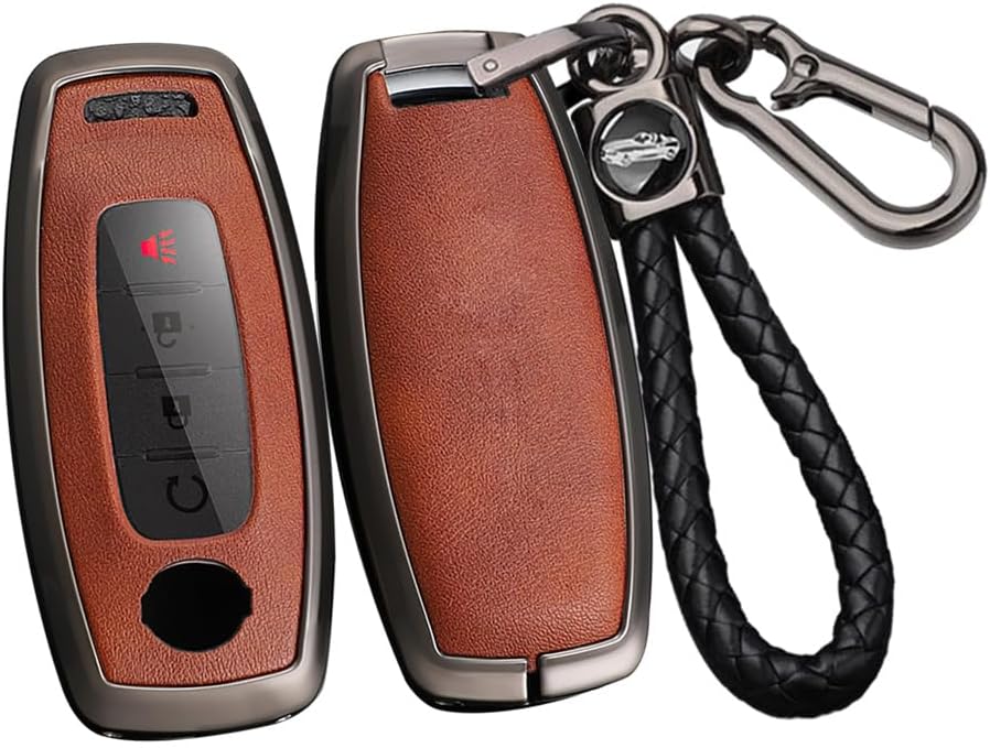 SANRILY PU Leather 3/4/5 Button Key Fob Cover Fit for Nissan Rogue 2024 2023 Pathfinder X-trail Ariya 8 Gen th New Teana Keyless with Keychain Black-brown