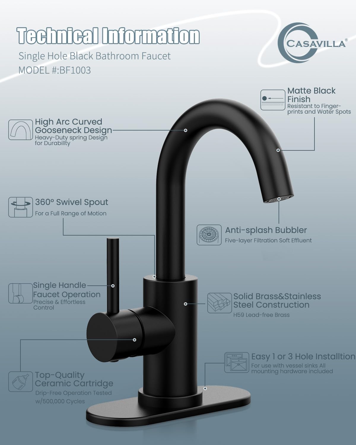 Black Bathroom Faucet with Pop-up Sink Drain Stopper, Stainless Steel Bathroom Sink Faucet, Single Handle 360° Swivel Gooseneck Spout Suitable for Bar Kitchen RV Vanity