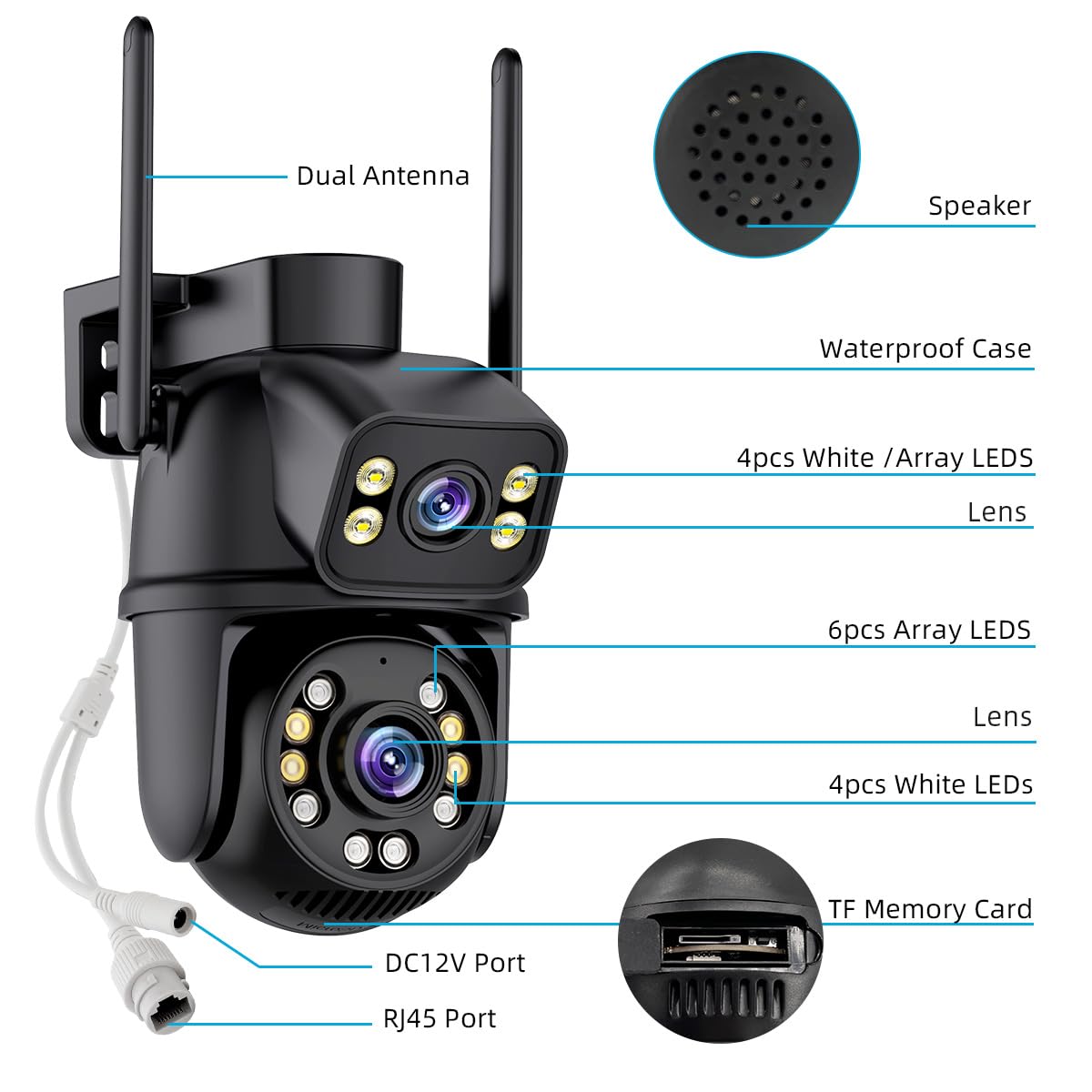 ICSEE - Telecamera di sicurezza WiFi da 6 MP, wireless, doppia lente, PTZ, impermeabile, rilevamento umano, visione notturna a colori, 19,8 m, compatibile con Alexa (doppia lente bianca da 6 MP)