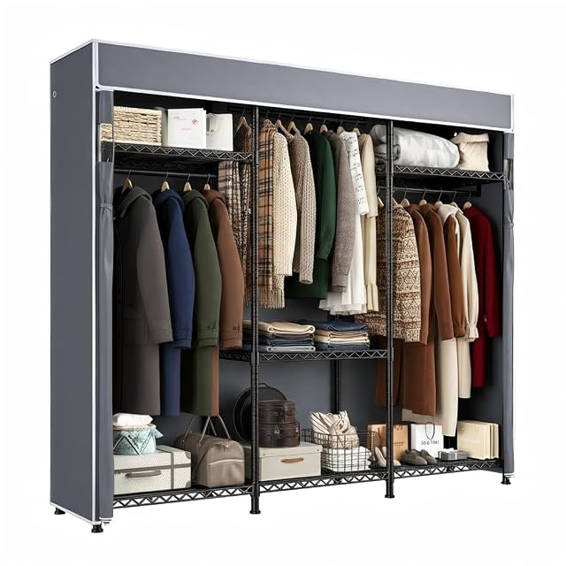 Raybee Clothes Rack with Cover Clothing Racks for Hanging Clothes with Adjustble Shelves Portable Closet 15 74D x
